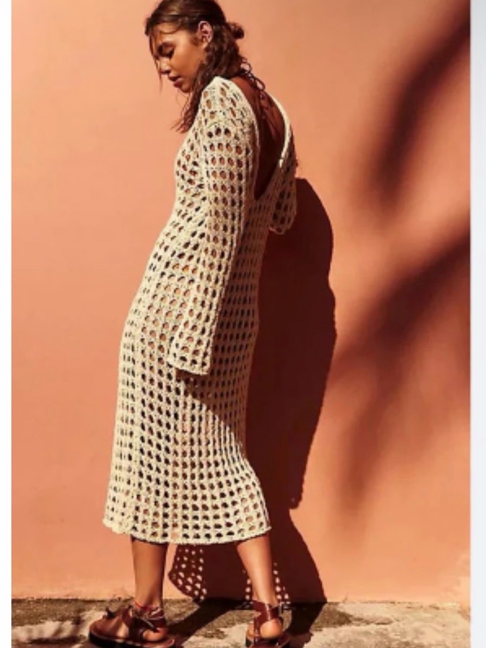 Open-Knit Cream Maxi Dress with Scoop Back